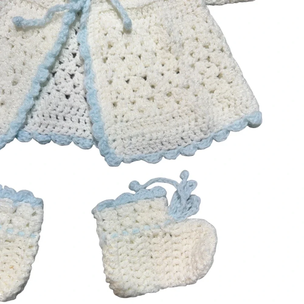 Vintage Unbranded Crochet Cardigan Bonnet Booties Set Kids 0 3M Soft Coquette
